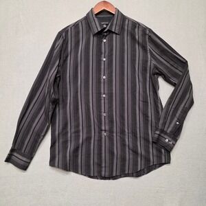 Van Heusen Mens Black with‎ Stripes Button Up Long Sleeve Shirt Size Medium